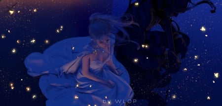 Night - elf, girl, night, wlop, fantasy, firefly, art, celestia, luminos, blue