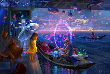 Buying fish - yellow, summer, blue, boat, pink, umbrella, purple, luminos, vara, peste, water, girl, tang, fantays, colorful, fantasy, sandara, fish