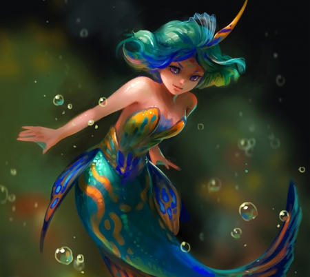 Mermaid - girl, water, summer, fantasy, luminos, mermaid, siren, blue, sandara, green