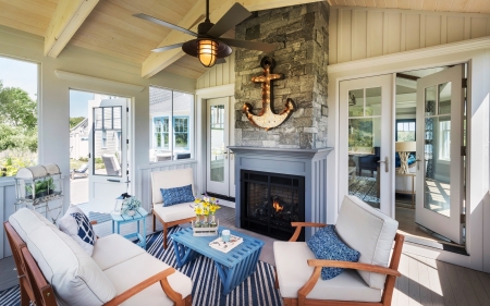 Veranda with Fireplace - veranda, furniture, home, fireplace, interior