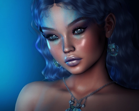 Girl - face, rendering, fantasy, girl, blue