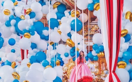 â™¥ - white, pink, model, balloon, girl, woman, dress, blue