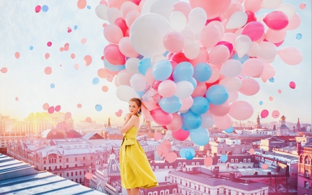 ♥ - yellow, blue, woman, balloon, model, dress, girl, pink