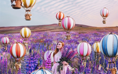 ♥ - summer, blue, girl, pink, hot air balloon, red, woman, model, field, vara