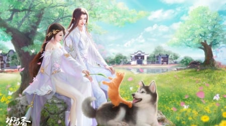 ♥ - ruoxin zhang, girl, dog, kimono, man, cat, superb, frumusete, fantasy, gorgeous, pisici, caine, couple, asian, luminos