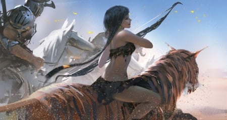 :) - elf, art, girl, luminos, wlop, tiger, fantasy