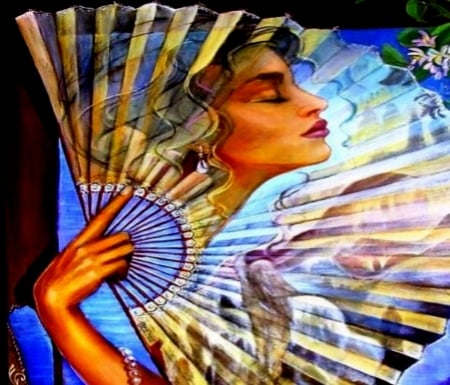 Woman With Hand Fan - hand fan, beautiful, hand, lipstick, woman