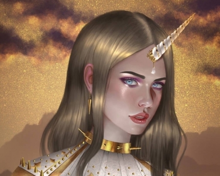 Unicorn - frumusete, fantasy, girl, aoleev unicorn, face, golden, luminos