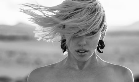 Beauty - woman, joachim bergauer, girl, bw, black, wind, model, face, white, blonde