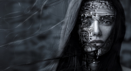 :) - girl, bw, robot, black, fantasy, cyborg, white, face, monochrome