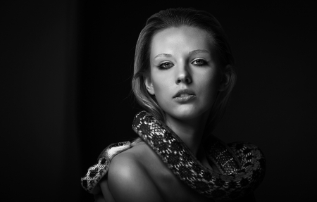 Beauty - snake, girl, black, white, liutauras paskevicius, woman, model, bw, face