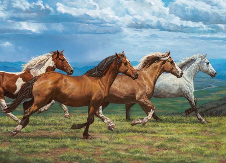 Windswept - painting, horses, sky, landscape, clouds, river