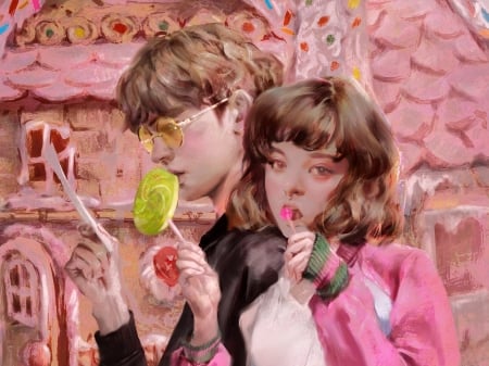 Hansel and Gretel - girl, children, hansel and gretel, pink, copil, dong gun yoon, boy, fantasy, lollipop, couple, art, luminos