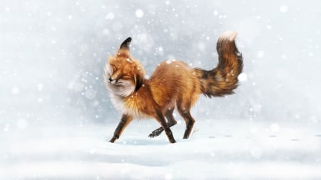 Winter fun - vulpe, winter, fox, snow, johanna tarkella, lhuin, fantasy, white, iarna, art, luminos