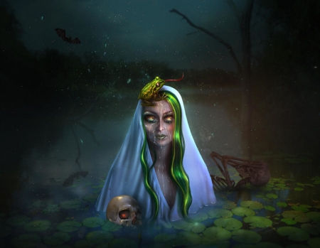 Silent wanters run deep - skull, girl, broasca, frog, water, brietolga, fantasy, mermaid, luminos, blue, green