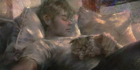 Sleeping - art, cat, dong gun yoon, man, boy, pisici, fantasy