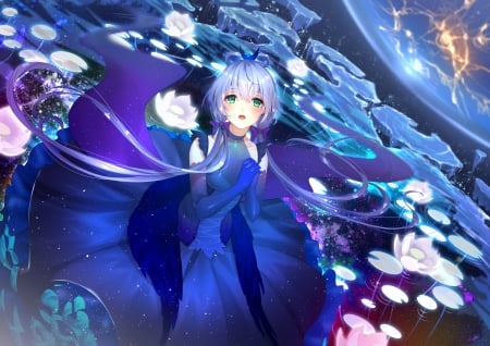 :) - lotus, anime, water, blue, catcan, girl, flower, manga, purple