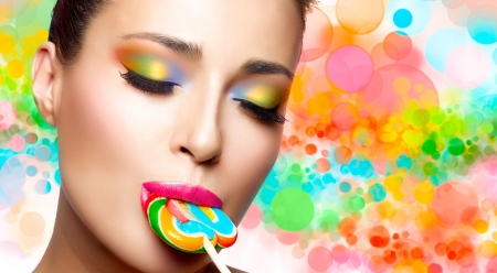 :) - girl, sweets, colorful, lollipop, woman, model, face, makeup, candy