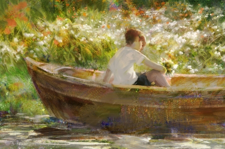 When spring comes - water, boat, spring, dong gun yoon, man, boy, fantasy, art, luminos