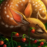 Sleeping deer among strawberries