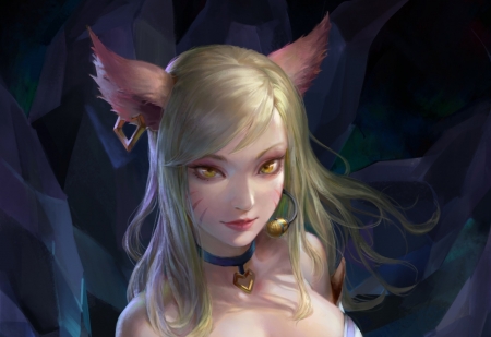 Fox girl - girl, li pc, lipc, fantasy, face, fox, ears, art, pink, luminos, blue