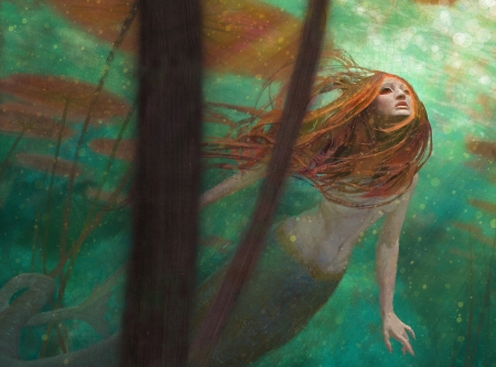 Hearing the call - redhead, vara, water, summer, fantasy, craig elliott, art, blue, luminos, mermaid, orange