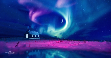 Borealis dreams - moon, house, blue, neon, borealis, ellysiumn, pink, dream, fantasy, aurora, art, sky, luna