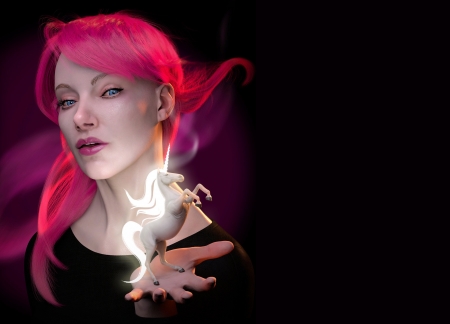 ♥ - girl, piotr rusnarczyk, pink, black, frumusete, fantasy, white, hand, face, unicorn, luminos