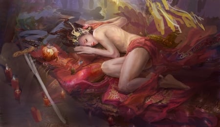 Sleeping girl - sword, fantasy, luminos, girl, frumusete, sleep, art