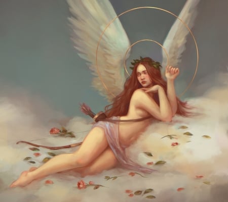 Cupid - cupid, girl, angel, flower, fantasy, white, sophia volovik, wings, rose, art, luminos