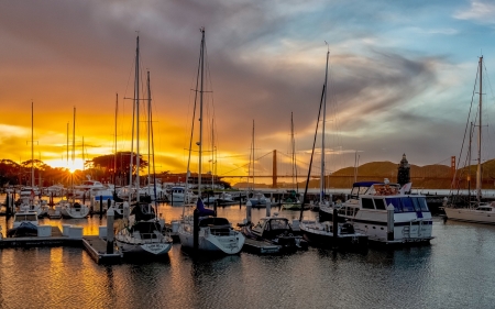 Yachts and Golden Gate - yachts, sailboats, bridge, harbor, sunset, america