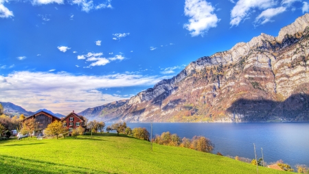 Alps - mountains, houses, italian alps, river