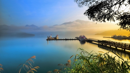 docking boats - boats, lake, dock, fog