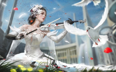 Fantasy Girl - Girl, Dove, Violin, Dress, Art