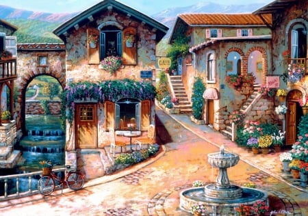 The Fountain On The Square - village, cascades, water, painting, artwork, mediterranean, bicycle, houses