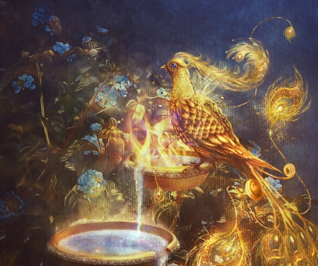 Phoenix - bird, incantata art, water, yellow, blue, pasari, fantasy, fire, golden, phoeniz