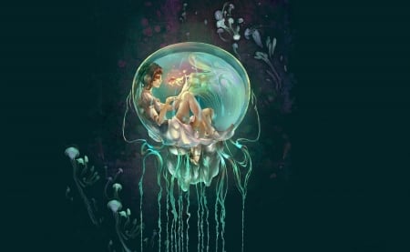 ♥ - jellyfish, fantasy, mermaid, blue, green, girl, art, luminos