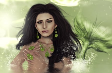 Mermaid - summer, rendering, siren, brunette, girl, fantasy, mermaid, vara, green