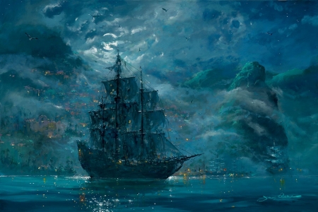 Ship - sky, water, fantasy, art, ship, james coleman, cloud, luminos, blue, sea