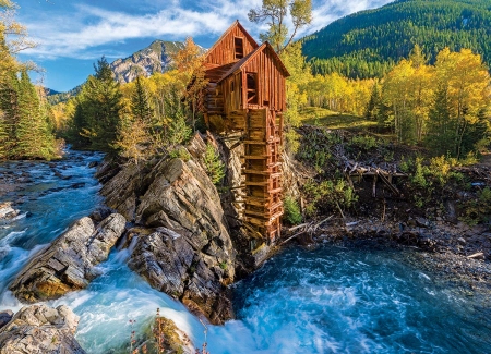 Crystal Mill, Colorado - river, watermill, trees, hills, mountains, rocks