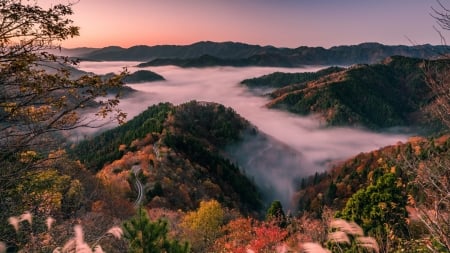 Japan, Shiga Prefecture - mist, sunrise, morning, mountains, sky