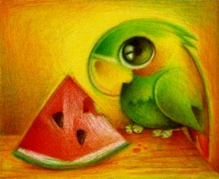 Parrot With Watermelon - green, watermelon, red, parrot