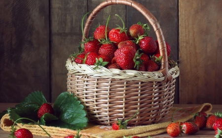 Strawberries - strawberry, red, green, basket, fruit