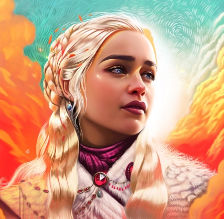 Daenerys - game of thrones, blue, portrait, girl, yasar vurdem, jewel, orange, daenerys targaryen, fantasy, face, art, luminos