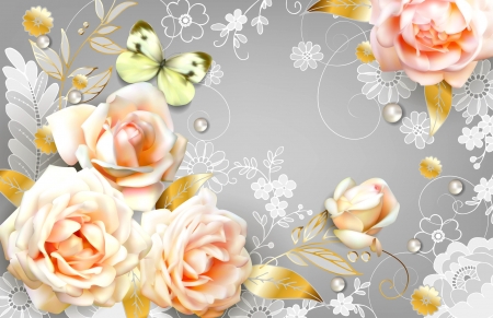 3D roses - pretty, roses, summer, flowers, butterflies