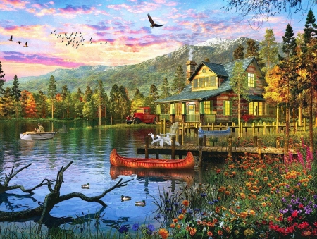 Sunset Cabin - clouds, house, trees, birds, artwork, boat, pier, river, car, painting, sky