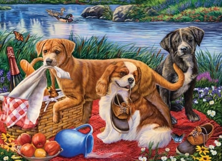 Picnic - puppy, picnic, funny, fruit, caine, art, dog, food, cute