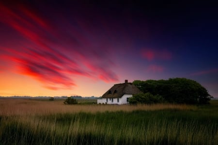 Sunset Countryside - clouds, landscape, sky, cottage