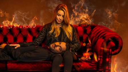 Lucifer (TV Series 2015– ) - actor, sofa, Tom Ellis, tv series, girl, man, actress, lucifer, fire, red, Lauren German, couple