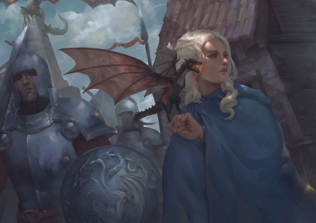 Daenerys - ouyang, girl, fantasy, daenerys targaryen, art, luminos, blue, dragon, game of thrones